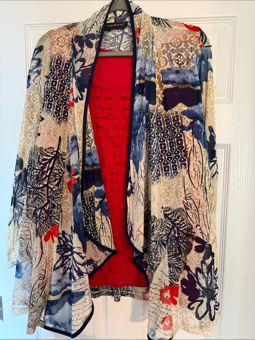 Travel Elements Printed Open-Front Kimono with Red camisole 2pcs.